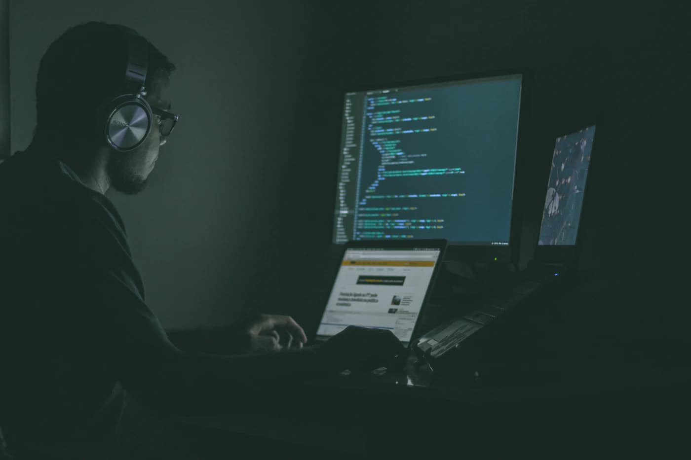 An engineer working late at a desk lit by code on two monitors